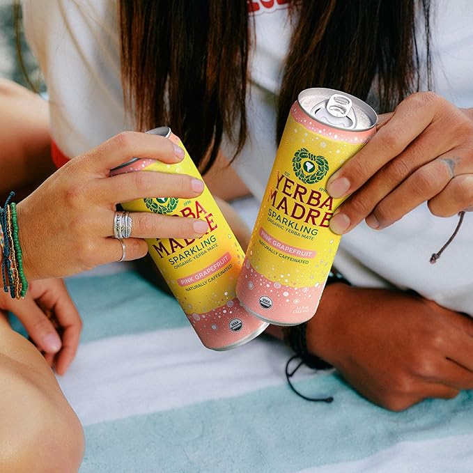 Yerba Madre Organic Sparkling Yerba Mate Pink Grapefruit 115mg Natural Plant Based Caffeine Smooth Energy &amp Focus Carbonated 12oz Cans (Pack of 12) (Packaging May Vary)