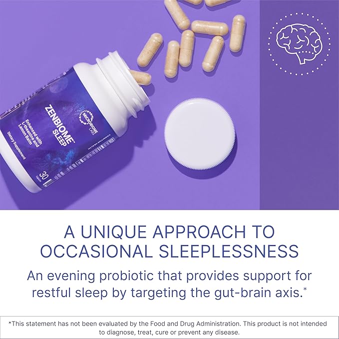 Microbiome Labs Zenbiome Sleep - L Theanine Supplement with Lemon Balm Extract &amp Probiotics with Bifidobacterium Longum - Help Soothe The Gut-Brain Axis at Bedtime (30 Capsules)