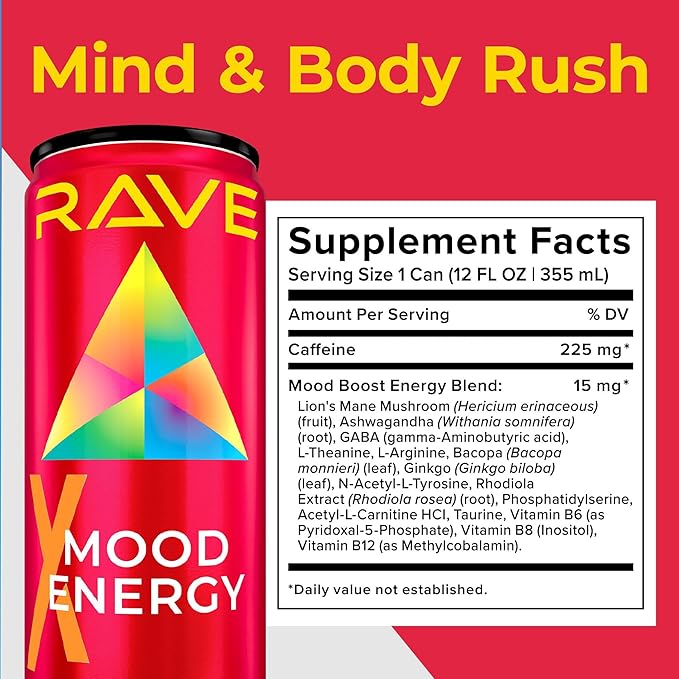 RAVE Mood Energy Drink is Mind Blowingly Different. With Mood-Boosting Functional Mushrooms Nootropics Adaptogens &amp B Vitamins. Experience Mind &amp Body Rush! 225mg Caffeine - Electrolytes - Z