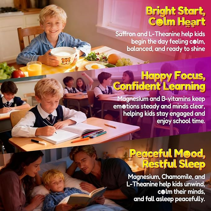 Happy Saffron Gummies for Kids Teen Organic Saffron + Magnesium Glycinate Supplement with Probiotics L-Theanine Chamomile D3 B6 B12 for Children's Focus &amp Mood Calm Sleep Sugar Free 120
