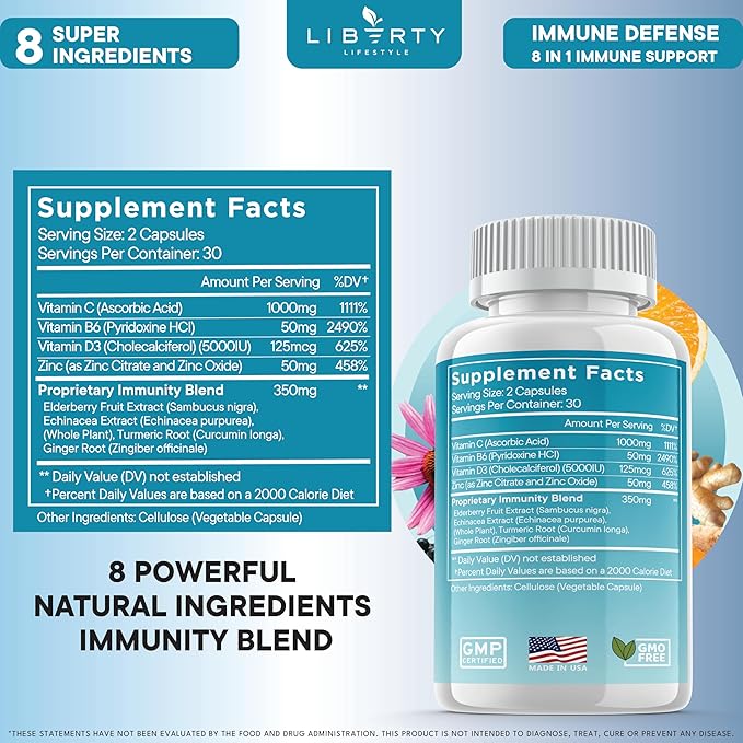 8 in 1 Immune Defense Support Immunity Vitamins Supplement Booster Zinc 50mg Vitamin C Elderberry VIT D3 5000 IU Turmeric Curcumin &amp Ginger Echinacea - Allergy Relief for Kids Adults (2 Pack)