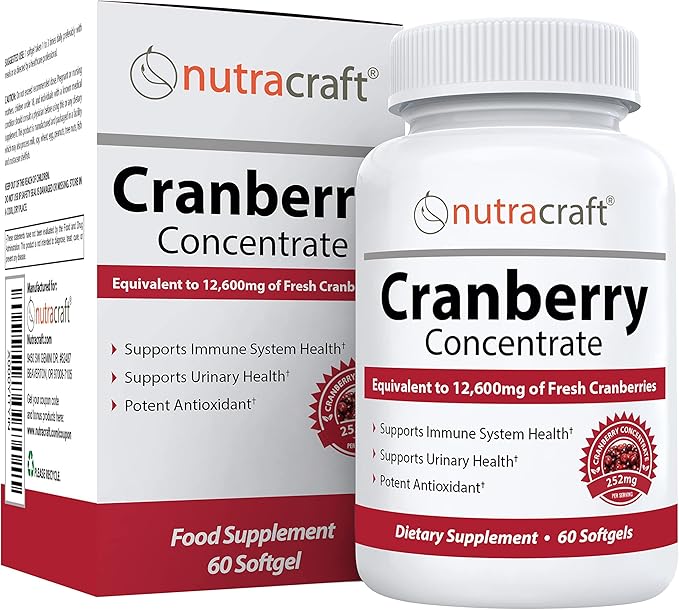 Nutracraft #1 Cranberry Extract Supplement for Bladder &amp Urinary Tract Support | 12600 mg of Fresh Cranberries Vitamin C &amp E and Polyphenols | Lab Tested &amp Easy to Swallow | 60 Softgels