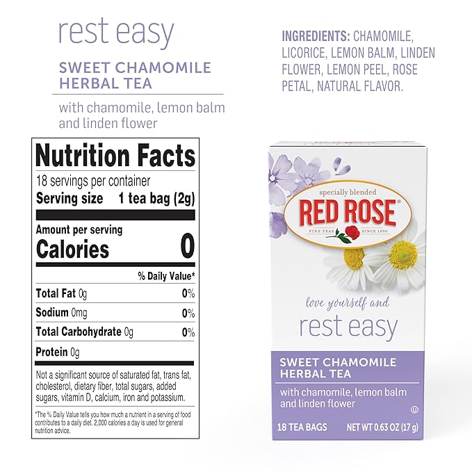 Red Rose Blossoms Sweet Chamomile Herbal Tea Caffeine Free Herbal Tea that Supports Healthy Digestion Herbal Tea with 18 Individually Wrapped Tea Bags Per Box (Pack of 6)