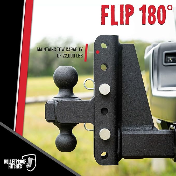 BulletProof Hitches - 3.0 Adjustable Heavy Duty Trailer Hitch (22000 lb. Rating) - 4 Drop/Rise Trailer Hitch with 2 &amp 2-5/16 Dual Ball - Powder Coat Solid Steel Corrosion-Resistant