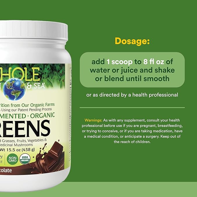 Whole Earth &amp Sea from Natural Factors Organic Fermented Greens Vegan Whole Food Supplement Chocolate 15.5 Oz