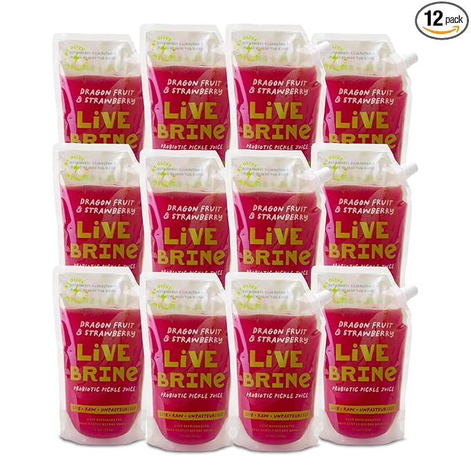 Olive My Pickle Probiotic Pickle Juice - 234 Ounces | 12 Pack of LiveBrine Dragon Fruit &amp Strawberry Pickle Juice with Natural Probiotics and Digestive Enzymes for Gut Health - 156 Pickle Shots