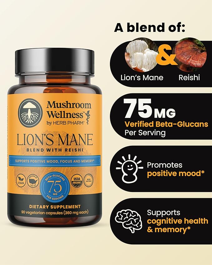 Mushroom Wellness Lion’s Mane Blend with Reishi: Organic Lion's Mane &amp Reishi Mushroom Capsules Mushroom Powder Supplement Supports Cognitive Health Memory and Mental Focus 90 Vegan Capsules