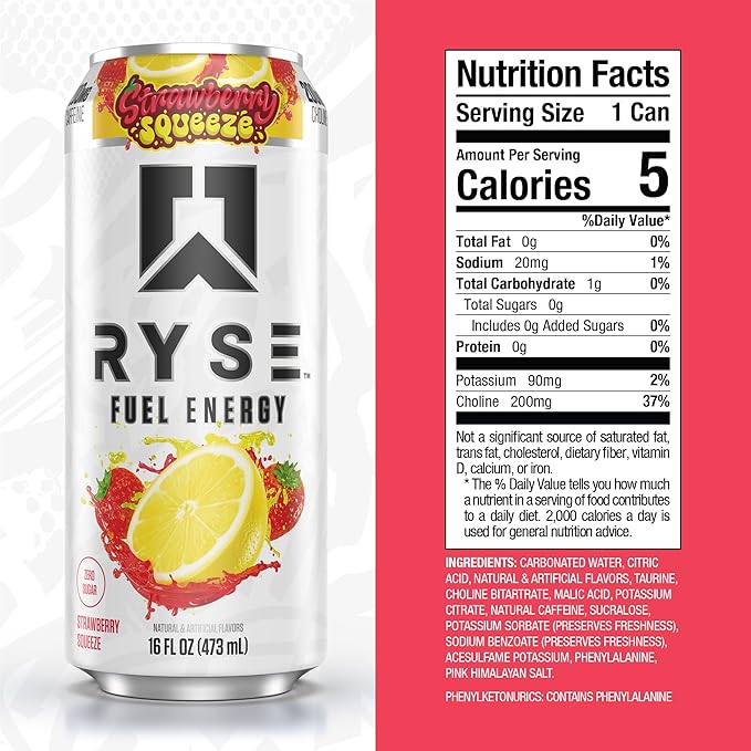 RYSE Fuel Energy Drink - Strawberry Squeeze - Sugar Free Gluten Free &amp Vegan - 200mg Natural Caffeine Taurine &amp Choline for Focus &amp Energy - No Artificial Colors - 16 fl oz Cans (12-Pack