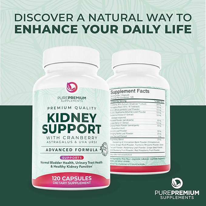 PurePremium Kidney Support Supplement – Kidney Cleanse Detox &amp Repair with Cranberry Extract &amp Astragalus - 21-in-1 Complex Supports Normal Bladder Urinary Tract &amp Kidneys Health - 120 Da