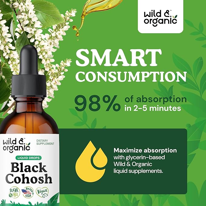 Wild &amp Organic Black Cohosh Supplements Women - Menopause &amp Perimenopause Support - 540 mg Natural Black Cohosh Tincture - Add to Tea Liquid Drops - 2-Month Supply - Vegan Sugar &amp Alcohol