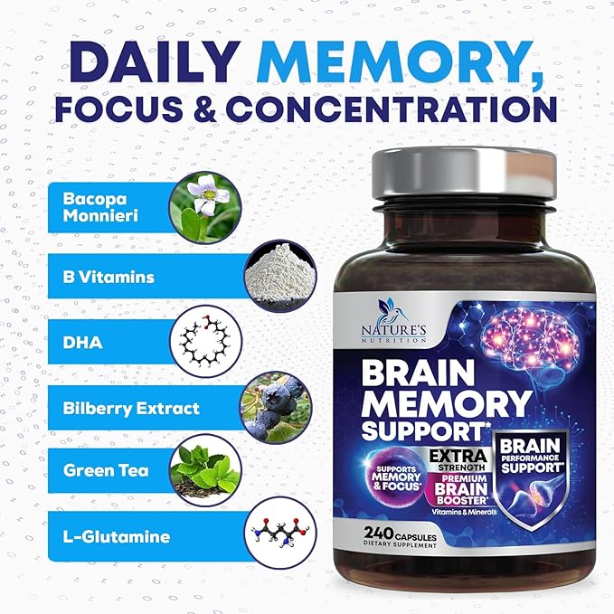 Brain Memory Supplement Pills - 3X Strength Nootropics for Concentration Clarity &amp Focus Support - Brain Health Cognitive Vitamins with Bacopa Phosphatidylserine &amp DMAE Brain Booster - 240