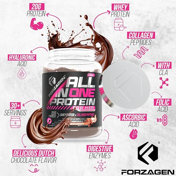 Forzagen All in One Protein for Her | Women’s Protein Powder with Multi Collagen Peptides | Hydrolyzed Collagen Supplement Gut Health Great for Pre &amp Post Workout | Dutch Chocolate 30+ Servings