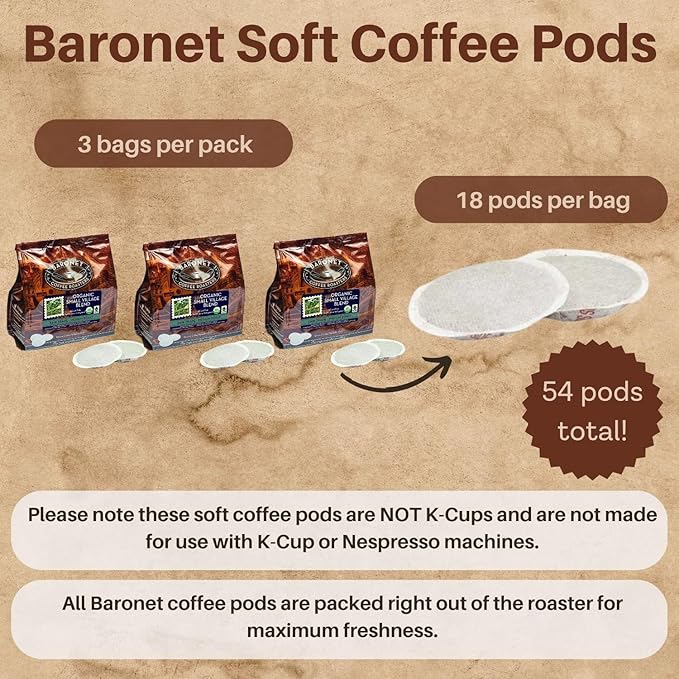 Baronet Coffee Pods [Organic Espresso French Roast-54 Pods] Single Cup Use for Senseo Machine - 3 Bags of 18 Single Serve 8 Gram Regular Strength[Org Espresso Fr. Roast]