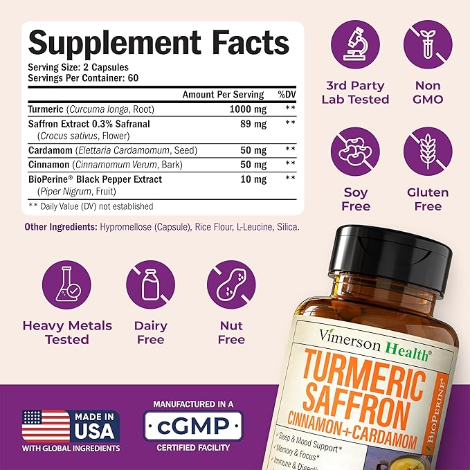 Saffron Supplements – 89mg Saffron Extract 1000mg Turmeric Curcumin Ceylon Cinnamon &amp Cardamom – Daily Mood Joint &amp Metabolic Support – Joint Supplements for Women &amp Men – 120 Capsules