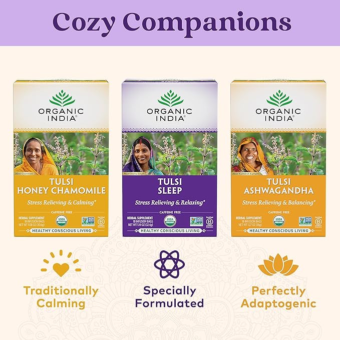 ORGANIC INDIA Tulsi Sleep Herbal Tea - Holy Basil Ashwagandha Chamomile Night Time Tea for Bedtime Stress Relieving &amp Relaxing Immune Support USDA Certified Organic - 18 Infusion Bags 6 Pac