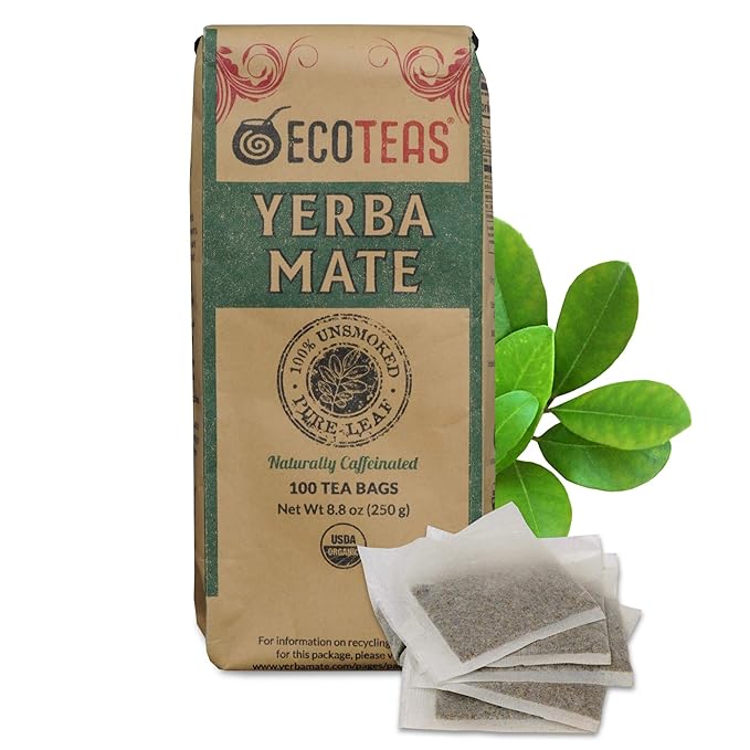 ECOTEAS Premium Organic Yerba Mate Tea Bags – Natural Energy &amp Detox Herbal Tea – Coffee Alternative - Kosher Non-GMO Gluten-Free - 100 Unsmoked Bulk Bags 8.8 oz (Pack of 1)