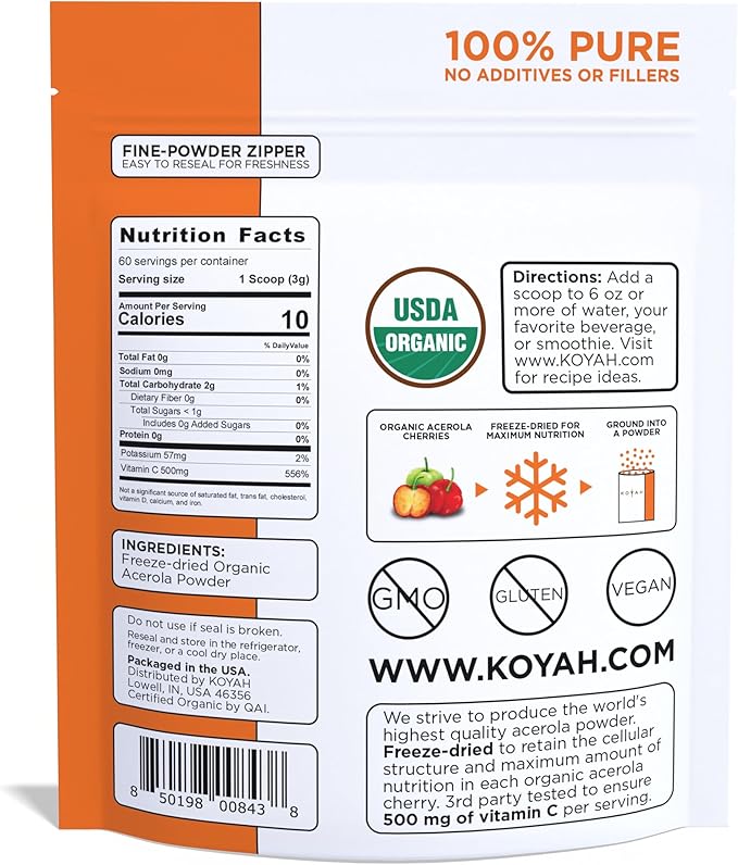 KOYAH - Organic Acerola Powder: Freeze-Dried 100% Pure 500 mg Natural Vitamin C per Scoop Whole-Food Non-GMO Vegan 60 Servings Made from acerola Cherries Grown in Brazil