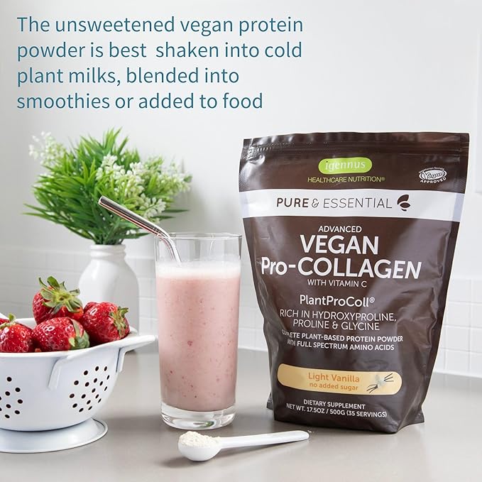 Igennus Advanced Vegan Vanilla Collagen Peptide Powder Enhanced with Glycine Proline &amp Hydroxyproline &amp Cofactor Vitamin C Non GMO Vegetarian Plant Based Collagen Powder Booster 140 Servi