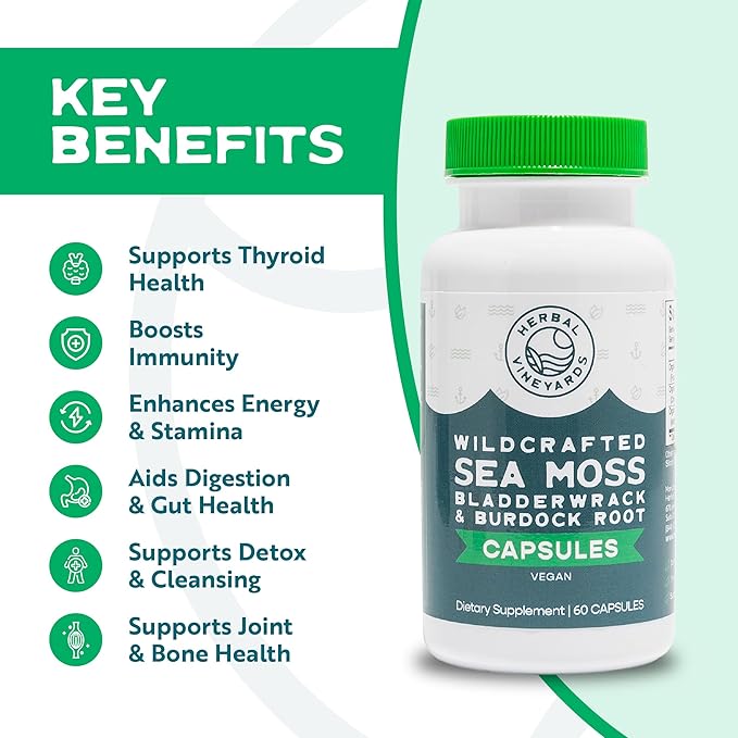 Herbal Vineyards Organic Wildcrafted Vegetable 60 Capsules | 1500MG | Pack of 2 | Irish Sea Moss Bladderwrack and Burdock Root Immune Support Healthy Skin &amp Energy | Powerful Immunity Booster