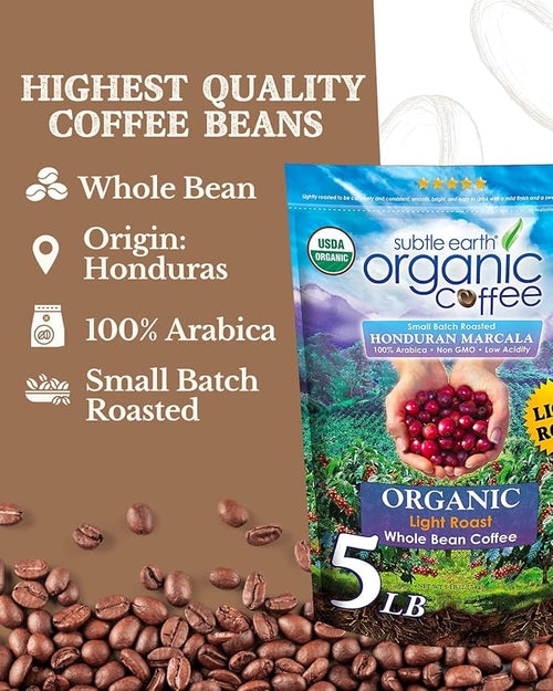 5LB Subtle Earth Organic Coffee - Light Roast - Whole Bean Coffee - 100% Arabica Beans - Low Acidity and Non-GMO - 5lb bag