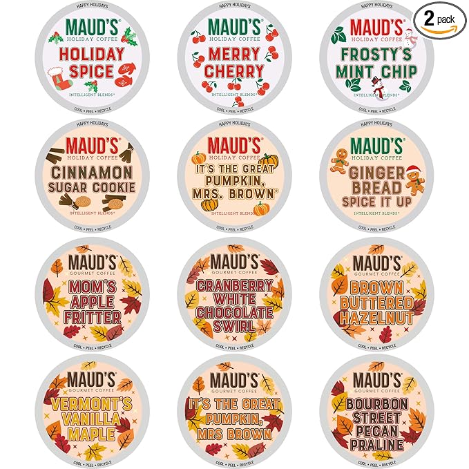 Maud’s Holiday &amp Fall Flavored Coffee Pods Variety Pack Bundle 48ct 11 Assorted Seasonal Flavors Medium Roast Coffee in Single Serve Pods 100% Arabica Coffee Compatible with Keurig K Cups Make