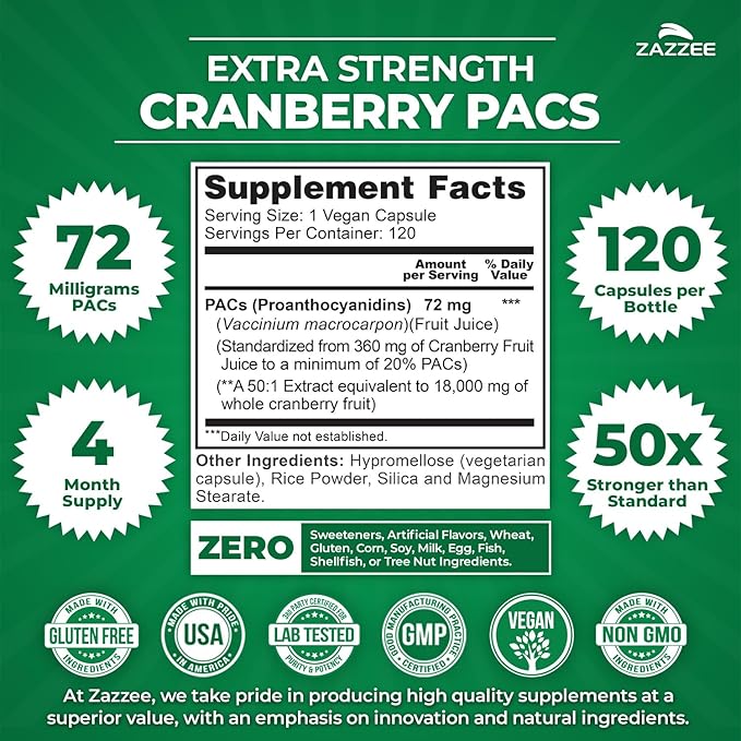 Zazzee Cranberry PACs 72 mg per Capsule 50:1 Extract 120 Vegan Capsules 2X Strength 4 Month Supply Fast-Acting Effective Urinary Tract &amp Bladder Support 100% Soluble PACs Made in the USA