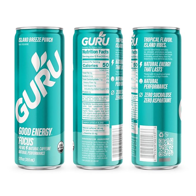 GURU Island Breeze Punch Organic Energy Drinks Clean Energy Drink with Plant Based Natural Caffeine from Green Tea + Focus with L Theanine Gluten Free and Vegan 140MG Caffeine 12oz (Pack of 24)