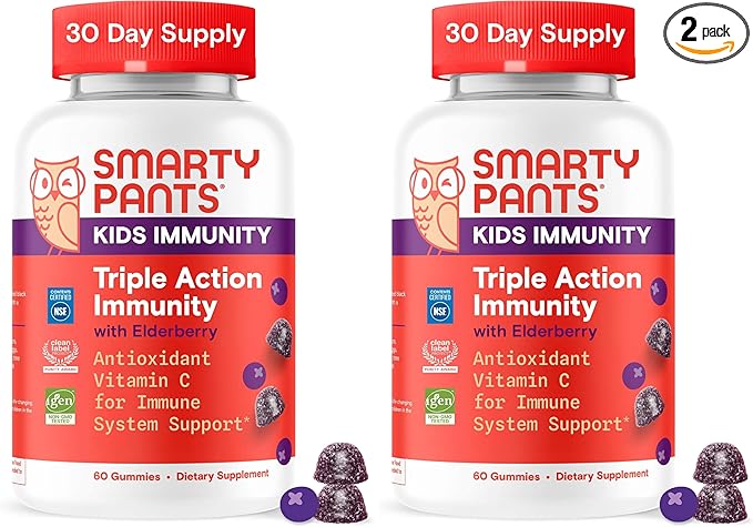 SmartyPants Kids Immunity Elderberry Gummies: Kids Immune Support Supplement Vitamin C Vitamin D Vitamins B6 &amp B12 and Zinc Gluten Free Elderberry Flavor 60 Count (30 Day Supply) (Pack of 2)