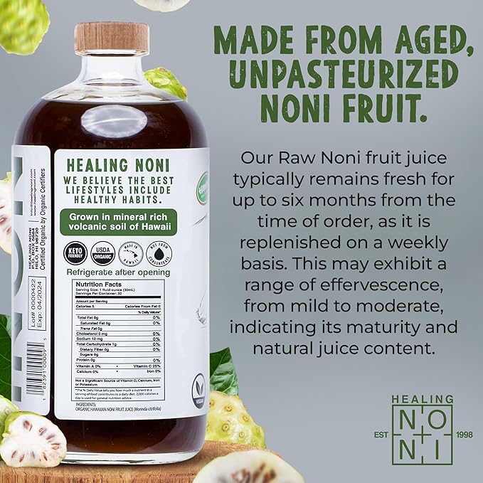 Healing Noni - 100% Pure RAW Noni Juice - USDA Organic Premium Strength Cold Pressed Hawaiian-Grown Superfood - (32oz 4 Pack)