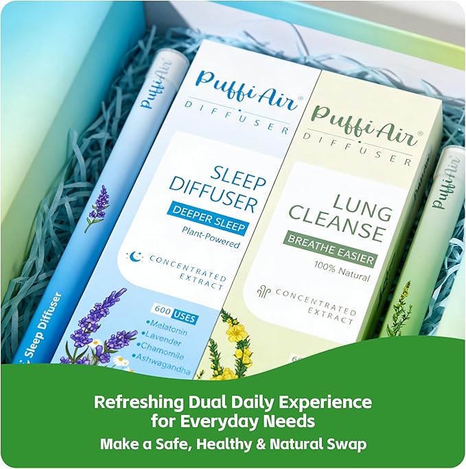 Herbal Diffuser Duo Lung Cleanse and Sleep Diffuser with Extracts of Mullein and Melatonin 100% Natural Swap Day &amp Night Duo 4 Sticks 600 Uses Each=