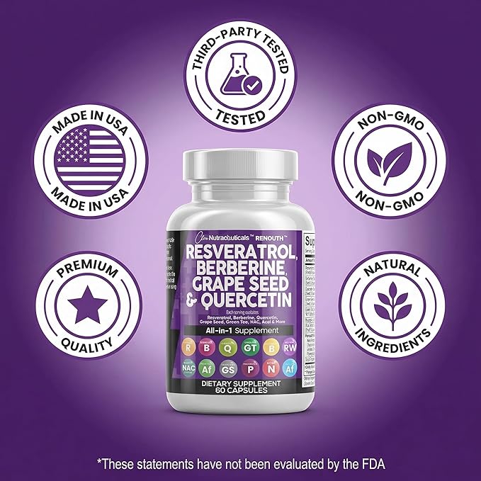Clean Resveratrol Supplement | Berberine Grape Seed Extract Quercetin Green Tea Extract Acai Noni Polyphenol Supplement for Women &amp Men N-Acetyl Cysteine