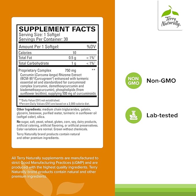 Terry Naturally CuraMed 750mg - Antioxidant Supplement for Brain &amp Heart Health Support - Dietary Supplement with High-Potency Curcumin Complex - Kidney Liver &amp Immune Health Support - 30 Sof