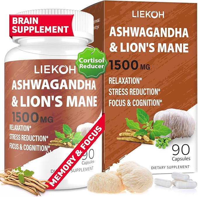 Ashwagandha &amp Lions Mane Supplement Capsules Brain Supplements for Memory and Focus Ashwagandha Supplement with Rhodiola &amp Black Peppe Cortisol Supplements for Women &amp Men90 Caps