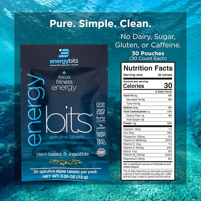 ENERGYBITS - Organic Spirulina Tablets - Plant-Based Algae Superfood - for Focus Fitness Energy - Plant Protein - Gluten Free - Collagen Vitamin B12 Omega 3 - Keto &amp Vegan - 900 Algae Tablets