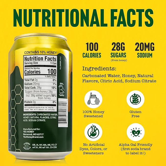 Yes Honey Soda Ginger Ale 11oz (12-Cans) 100% Honey-Sweetened Healthy Soda Alpha Gal Friendly Gluten Free Caffeine Free No Added Sugar