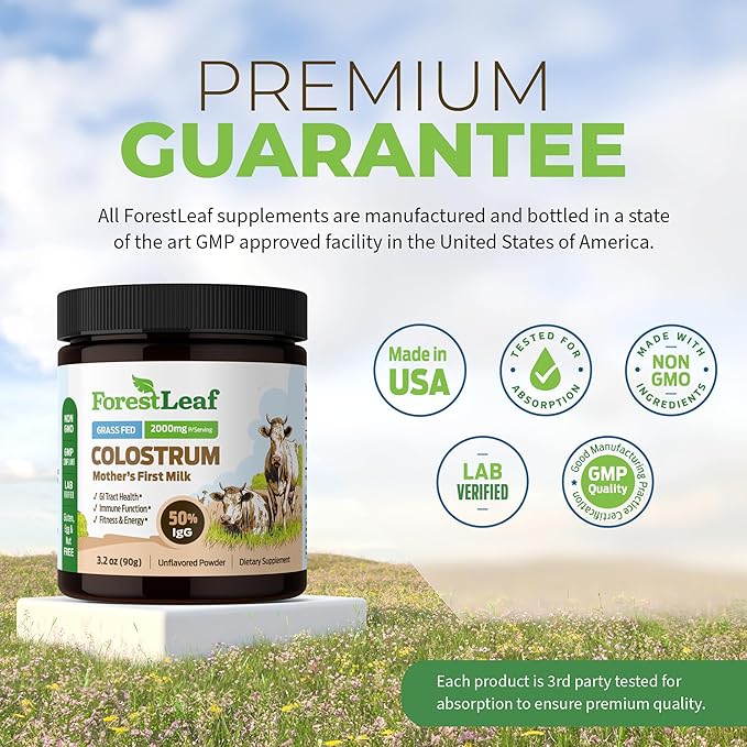 ForestLeaf Colostrum Powder 50% IgG Highest Pure Concentration Grass Fed Colostrum Supplement for Gut Health Immune Support and Muscle Recovery Bovine Colostrum for Humans Unflavored 45 Servings