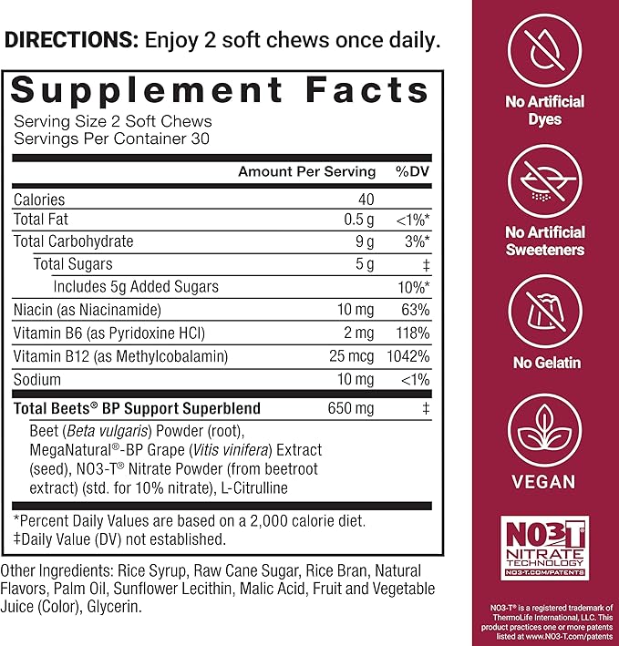 Force Factor Total Beets Blood Pressure Support Supplement with Beets Powder Great-Tasting Chewables for Heart-Healthy Energy and Increased Nitric Oxide 180 Chews 3-Pack