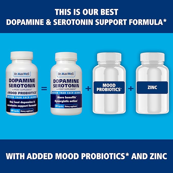 Serotonin and Dopamine Supplements with Mood Probiotic 5in1 Support for (1) Dopamine (2) Serotonin (3) Mood (4) Relaxation (5) Focus &amp Brain 60 Capsules