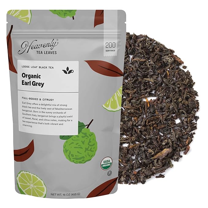 Heavenly Tea Leaves Organic Earl Grey Bulk Loose Leaf Black Tea 1 Lb. (Approx. 200 Cups) - Strong Full Bodied Brisk Great For Hot Or Iced Tea Naturally Caffeinated Premium Quality