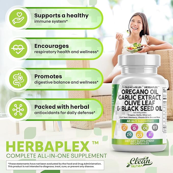 Clean Nutraceuticals Oregano Oil Garlic Extract Olive Leaf Black Seed Oil - Immune Support &amp Digestive Health Supplement for Women and Men with Vitamin D3 &amp Zinc - 2Pack