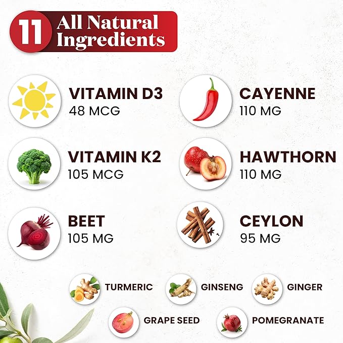 Cayenne Pepper Supplement Liquid Drops + Hawthorn Berry Vitamin D3 K2 Beet Root Powder Ceylon Cinnamon Turmeric Curcumin Organic Panax Ginseng - 4 OZ