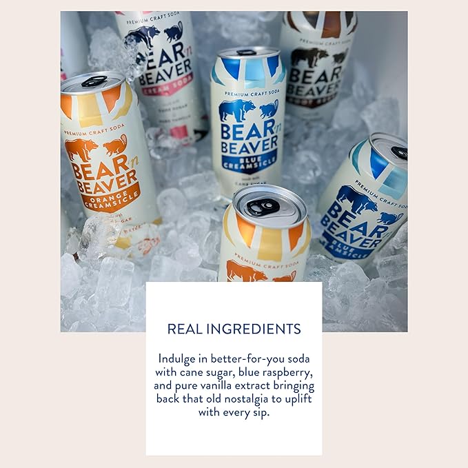 Bear 'n Beaver Premium Blue Creamsicle Craft Soda Soft Drinks - 100% Cane Sugar &amp Pure Vanilla - Vegan &amp Gluten-Free - Bold Caffeine Free Flavor for Mocktails &amp Mixing - 12 Pack of 16 Oz C