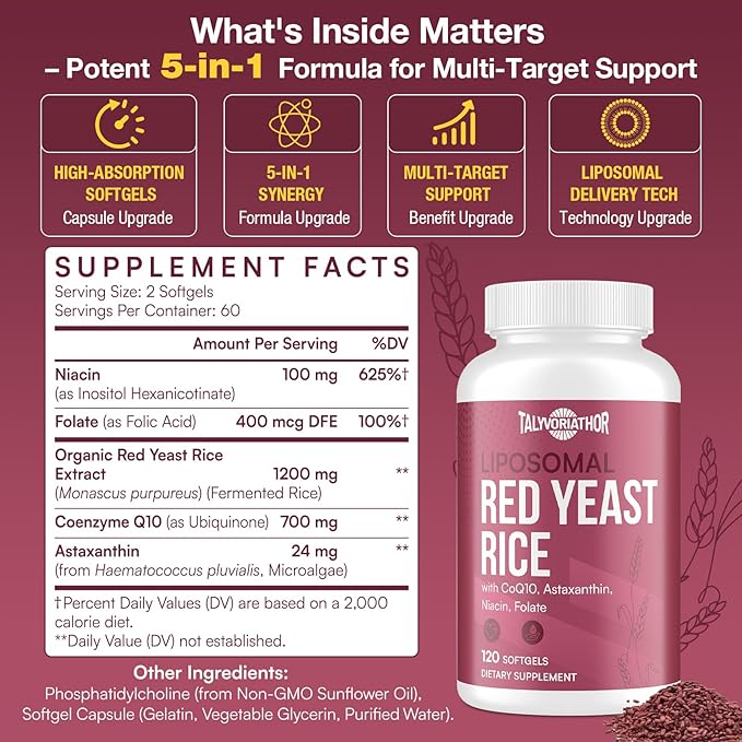 Liposomal Red Yeast Rice 1200mg with CoQ10 &amp Astaxanthin – Rice Yeast for Cholesterol Cardiovascular &amp Metabolic Support – High Absorption – Citrinin-Free 120 Softgels (2 Bottle)
