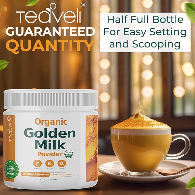 Organic Golden Milk Powder with Vitamins D3 &amp K2 Turmeric Ginger Curcumin Cinnamon KSM66 Ashwagandha Holy Basil &amp Natural Prebiotics– Delicious Unsweetened Turmeric Tea Latte - 3 Pack