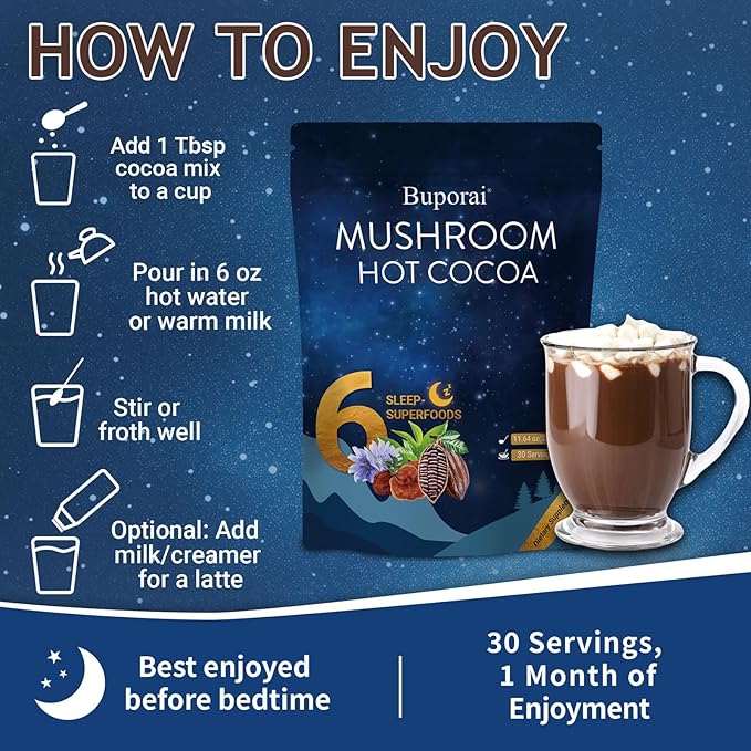 Mushroom Hot Cocoa with Melatonin Reishi L-Theanine Cocoa Powder Hot Chocolate Nighttime Drink Mix for Sleep &amp Relax - 30 Servings