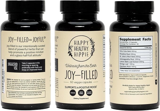 Joy-Filled Mood Support Supplement - 7 Herb Complex + St. Johns Wort | Stress Relief – Helps Calm The Mind &amp Body | 100% Plant-Based Happy Pills Ashwagandha Rhodiola Rosea | Adaptogens 60 Ct