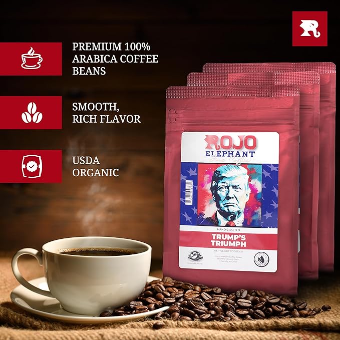 Rojo Elephant Handcrafted Ground Coffee 11 0z Bags 3 Pack Trump's Triumph Washington Original Teddy's Darkness to Dawn Patriot’s Trio