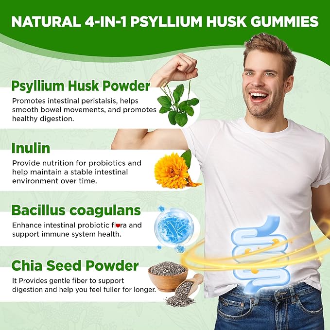 Psyllium Husk Gummies 1500mg Psyllium Husk Fiber Supplement with Probiotics Inulin Chia Seed Powder for Gut &amp Digestive Health Regularity Vegan Sugar Free 60 Chewable