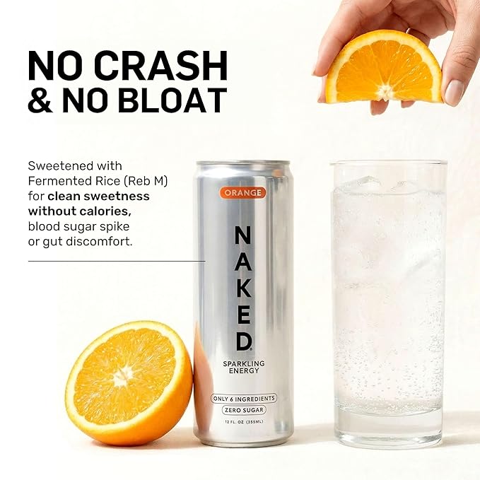 Naked Sparkling Energy Drink - Orange Organic Caffeine Organic Lemon Juice Zero Sugar No Sucralose Naturally Sweetened Clean Energy Drinks Vegan Gluten-Free Non-GMO - 12oz Cans (Pack of 12)