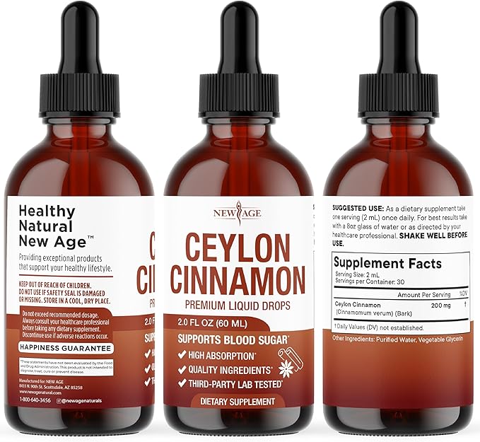 NEW AGE Ceylon Cinnamon Tincture Drops - Liquid Cinnamon Supplements for Overall Support - Cinnamomum Verum Bark Extract - Vegan Sugar &amp Alcohol-Free Non-GMO - 8 fl oz